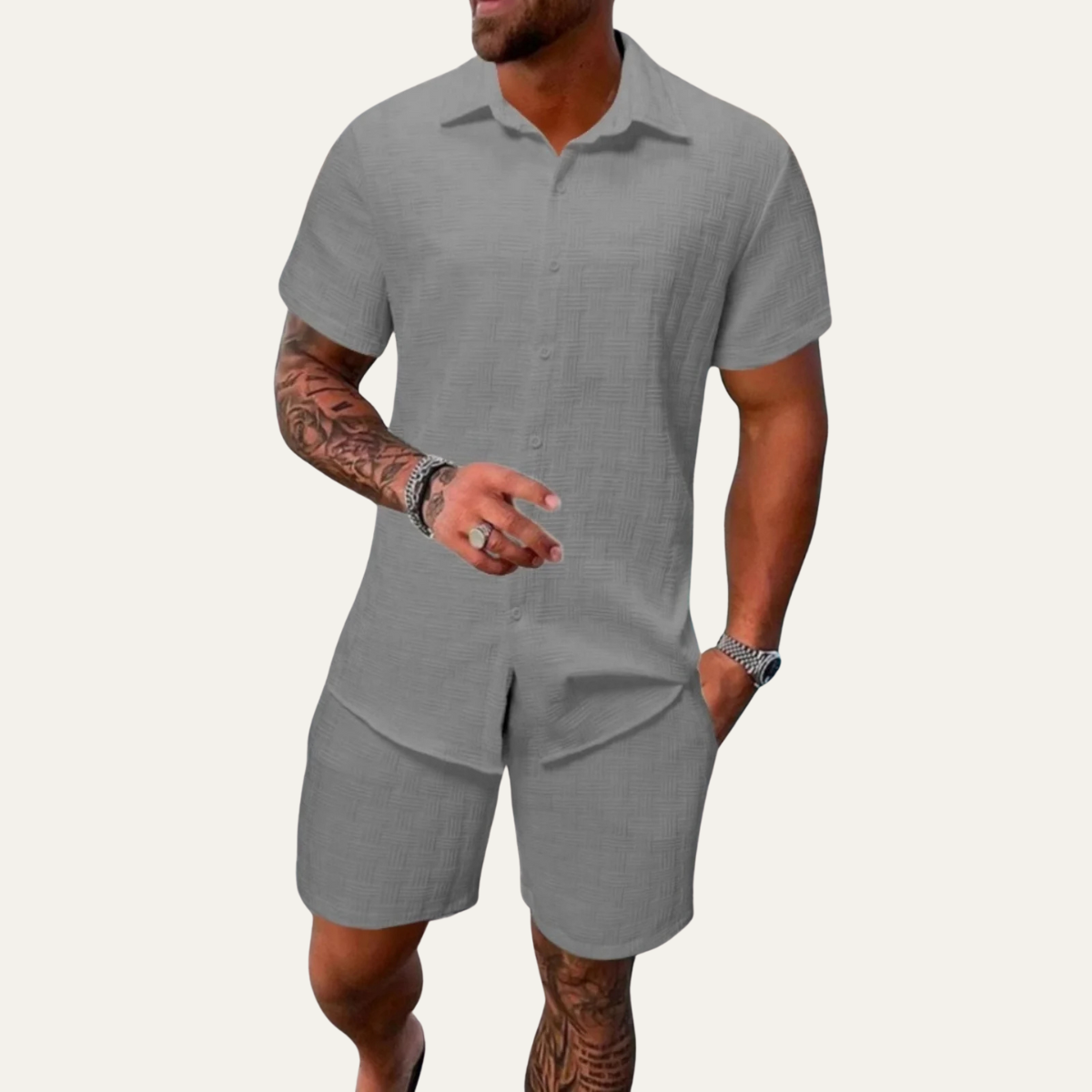 Bram | Men's Sweatsuit White Textured Button Up Short Sleeve
