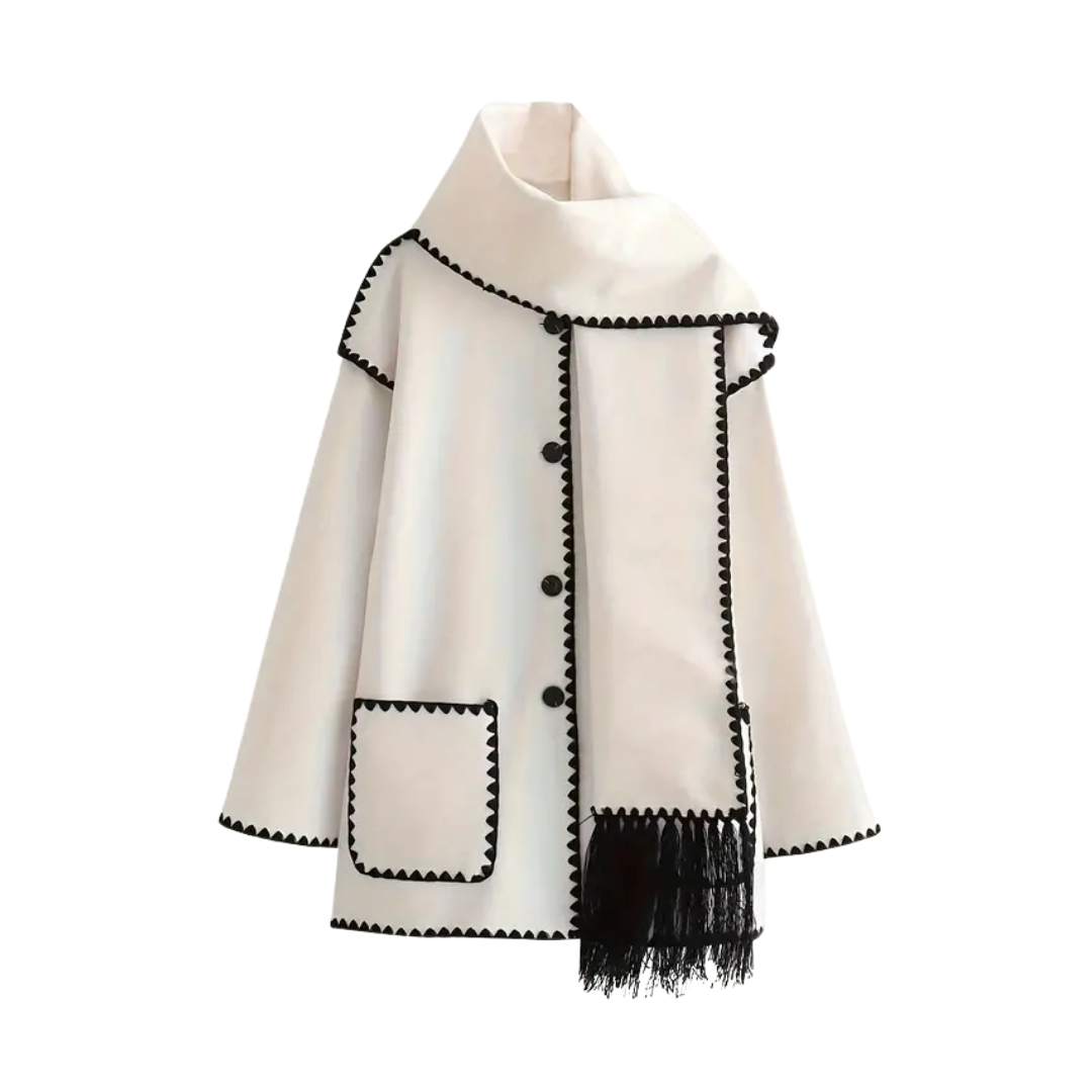 Sable | Women's Wool Coat Cream Black Trim Pocket Detail
