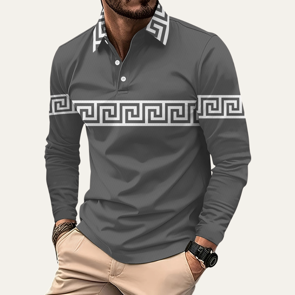 Kai | Men's Greek Key Polo Shirt White Long Sleeve