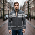 Dama Washington Beau men's wool blend cardigan gray nordic pattern zip up - front view