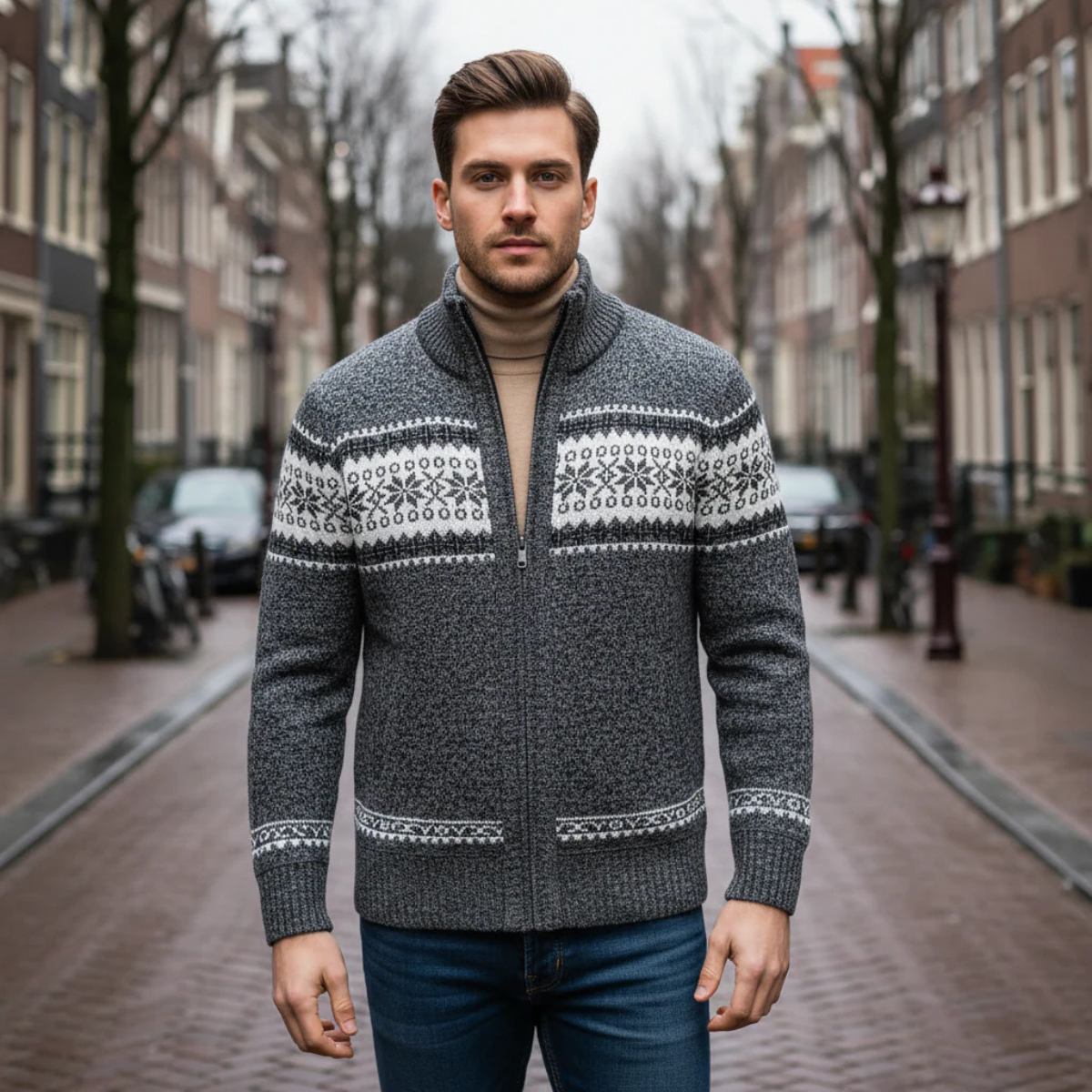 Beau | Men's Wool Blend Cardigan Gray Nordic Pattern Zip Up