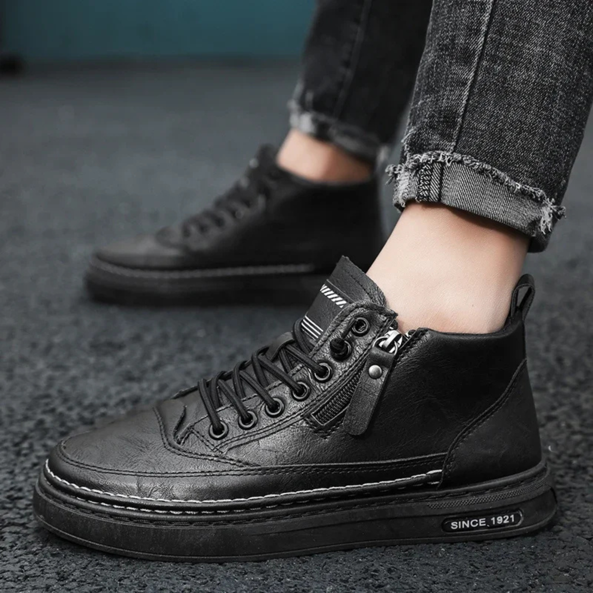 Axel | Men's Black Leather High Top Sneaker Side Zip