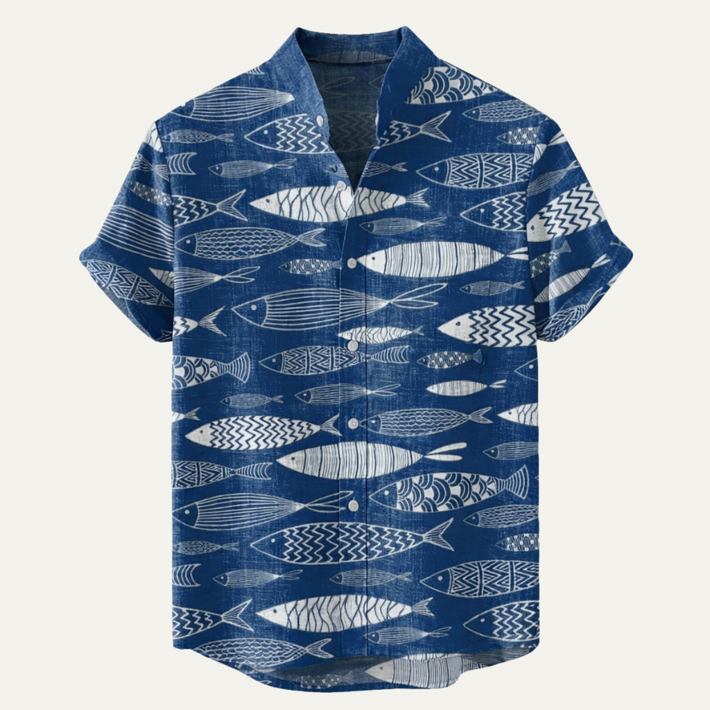 Dama Washington Rhys men's hawaiian shirt navy fish print camp collar short sleeve - view 5