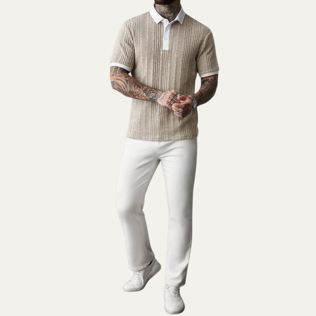 Wade | Men's Ribbed Knit Polo Shirt Cream White Collar