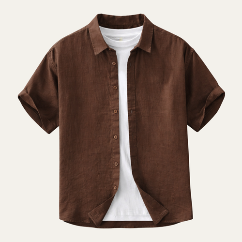 Dama Washington Axel men's linen button up shirt brown short sleeve - front view