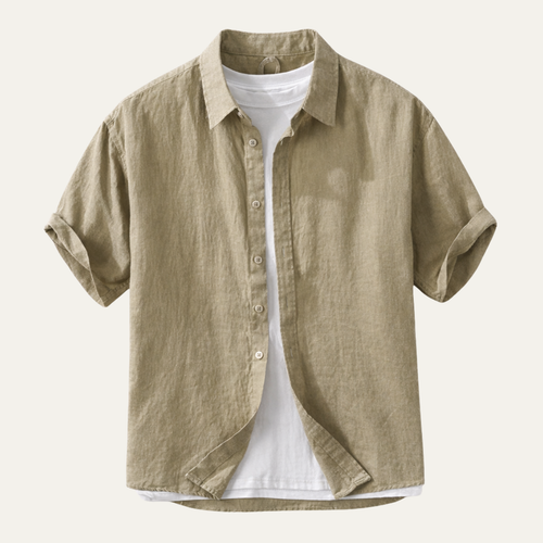 Dama Washington Axel men's linen button up shirt beige short sleeve - front view