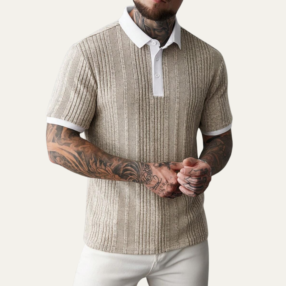 Wade | Men's Ribbed Knit Polo Shirt Cream White Collar