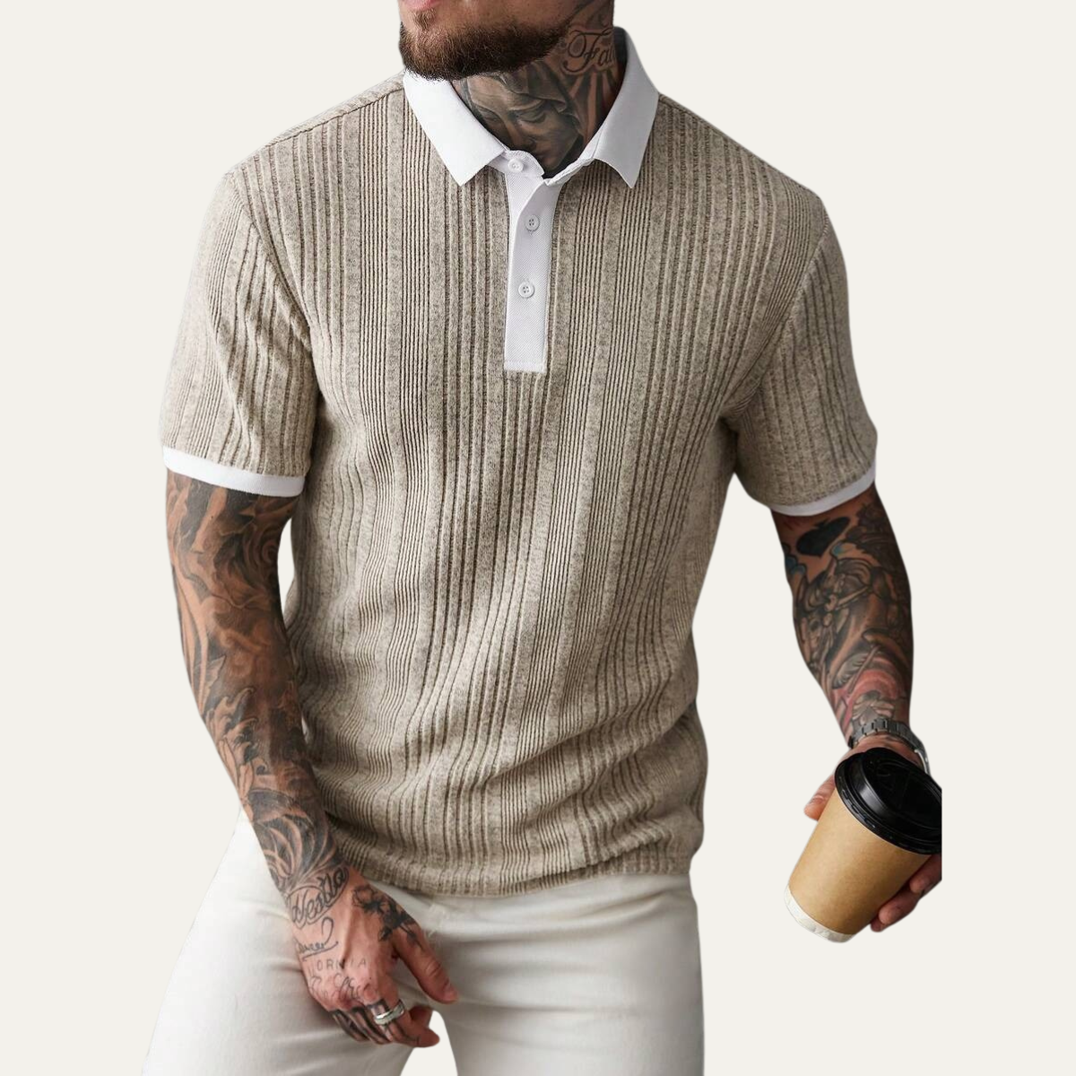 Wade | Men's Ribbed Knit Polo Shirt Cream White Collar