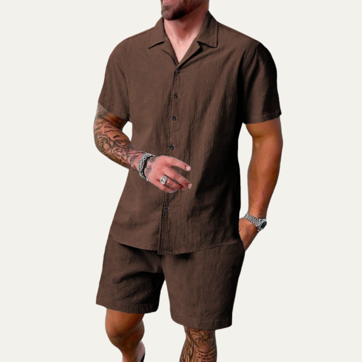 Lars | Men's Casual Button Up Short Sleeve Shirt Shorts Set Gold