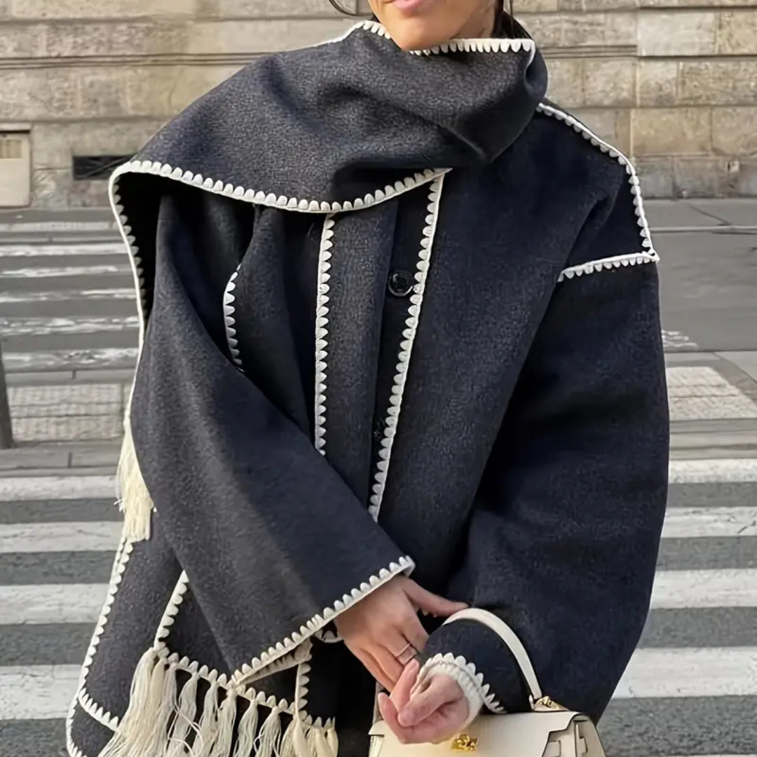 Sable | Women's Wool Coat Cream Black Trim Pocket Detail