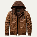 Dama Washington Axel men's leather bomber jacket brown hooded zip up - front view
