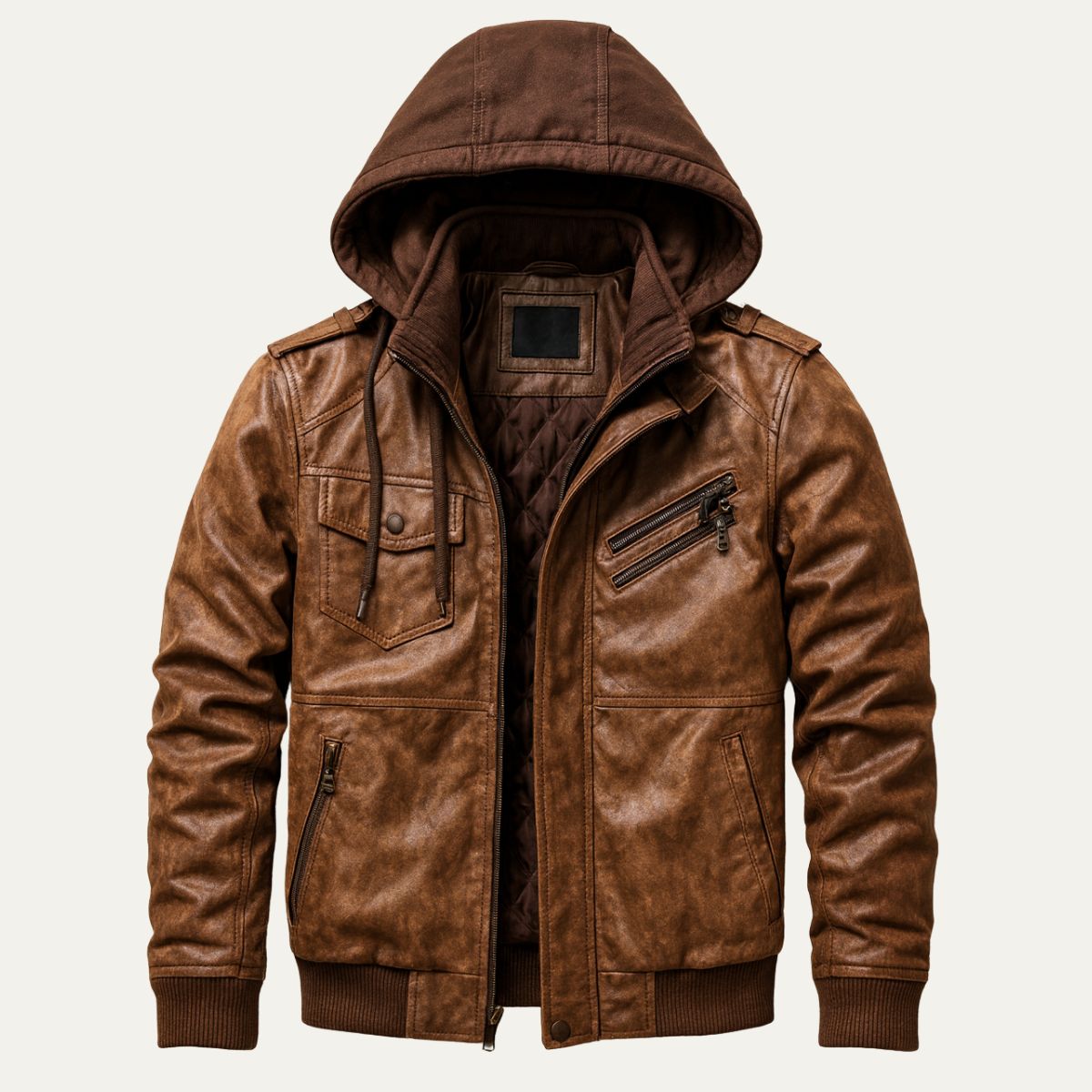 Axel | Men's Leather Bomber Jacket Brown Hooded Zip Up