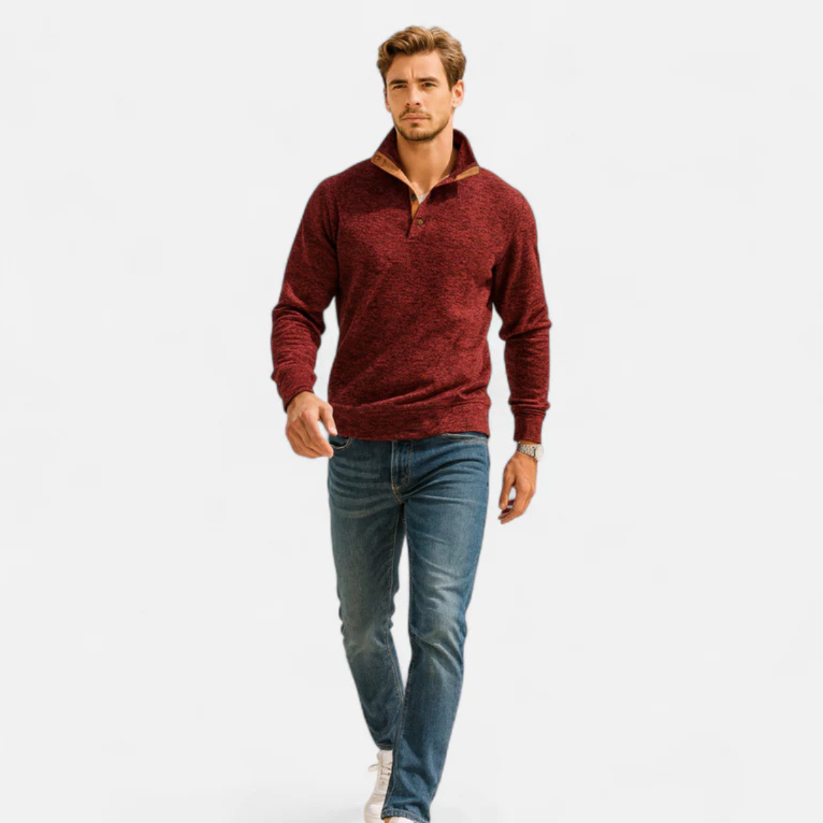 Bram | Men's Quarter Zip Sweater Burgundy Elbow Patch