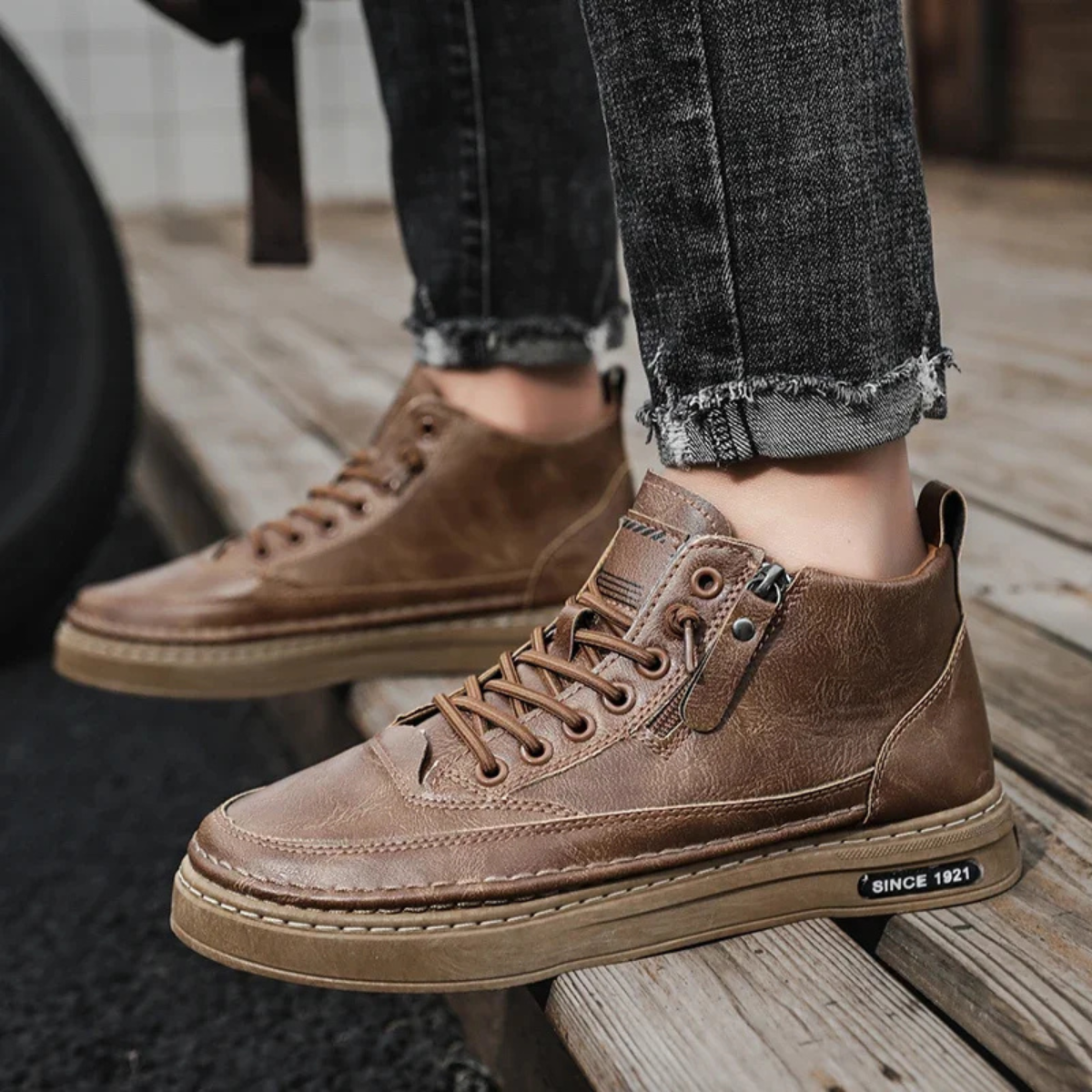 Axel | Men's Black Leather High Top Sneaker Side Zip