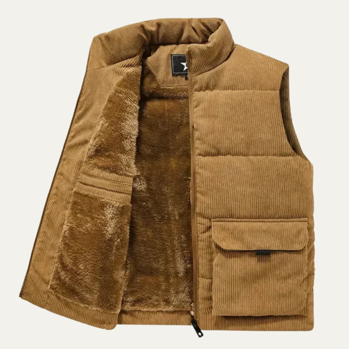 Freya | Men's Padded Puffer Vest Camel Cargo Pockets