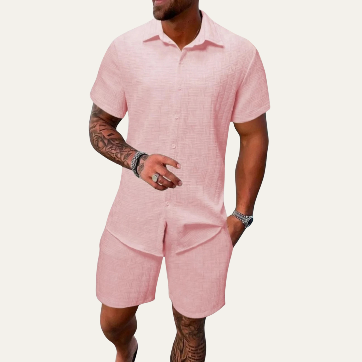 Bram | Men's Sweatsuit White Textured Button Up Short Sleeve