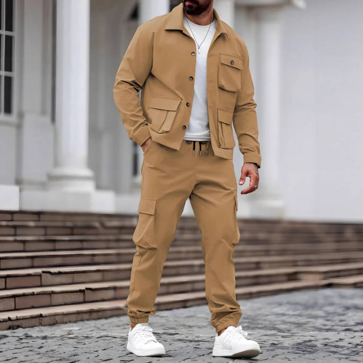 Callum | Men's Streetwear Utility Cargo Set Khaki