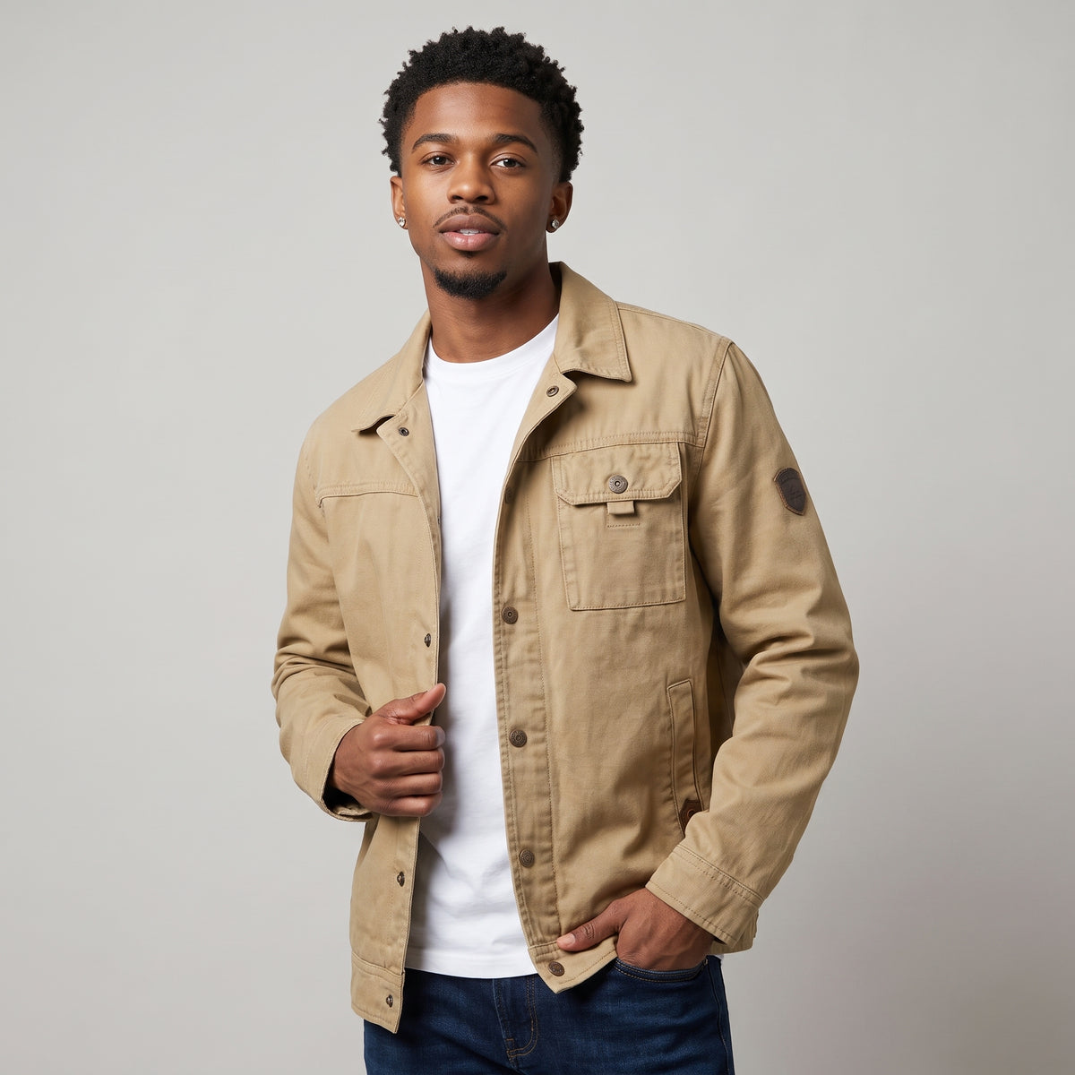 Dama Washington Hugo men's utility jacket beige multi pocket casual - model front view