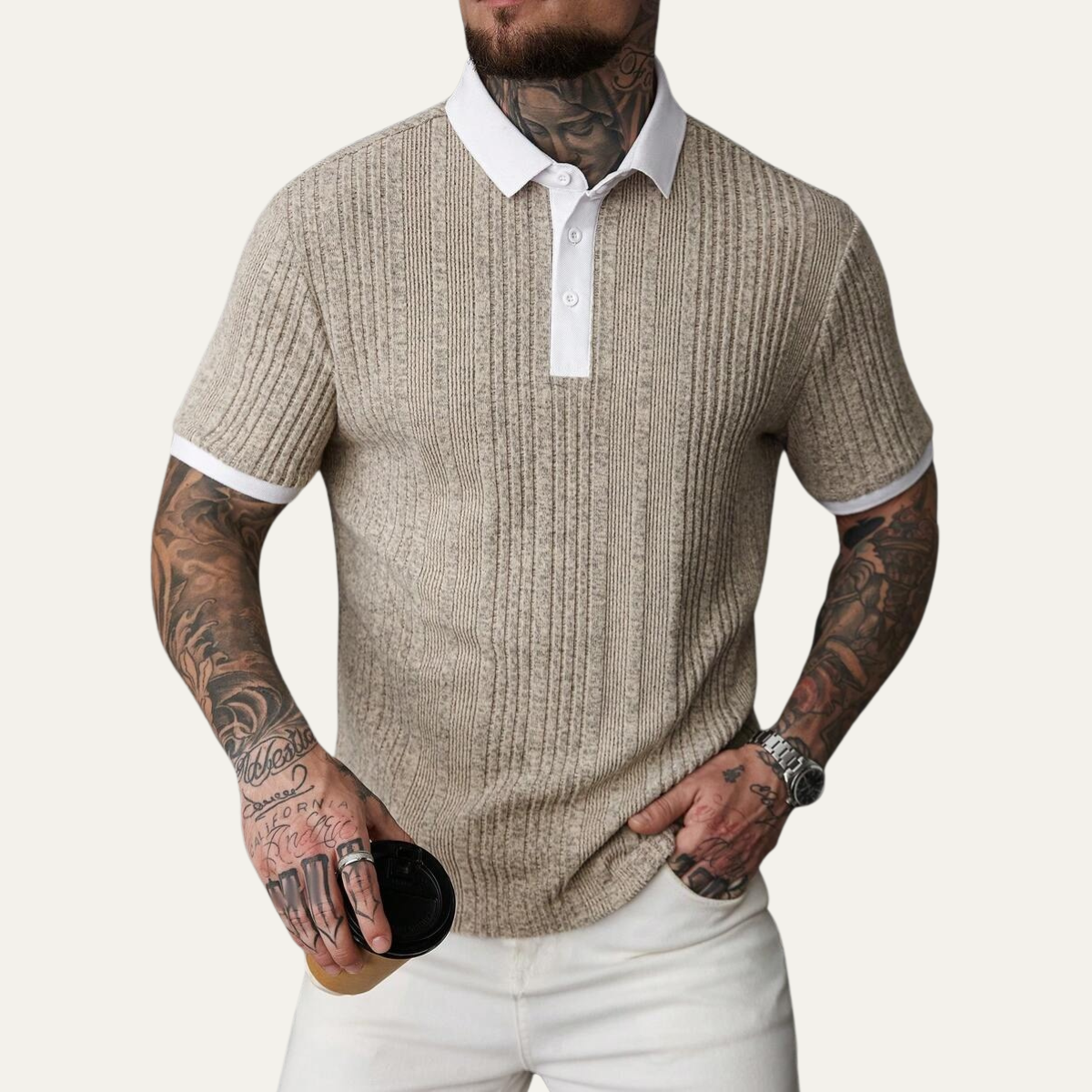 Wade | Men's Ribbed Knit Polo Shirt Cream White Collar