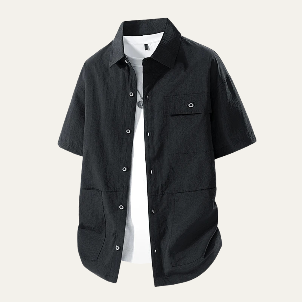 Dama Washington Jude men's utility shirt black short sleeve cargo pockets - front view
