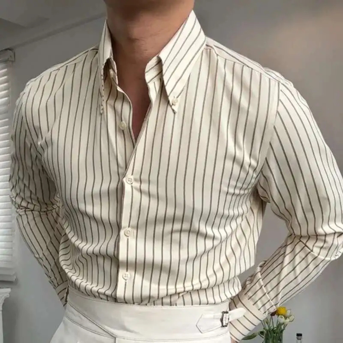 Beau | Men's Button Up Shirt Cream Striped Long Sleeve