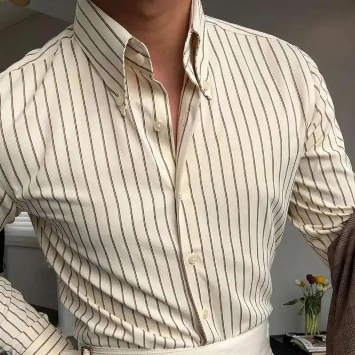 Beau | Men's Button Up Shirt Cream Striped Long Sleeve