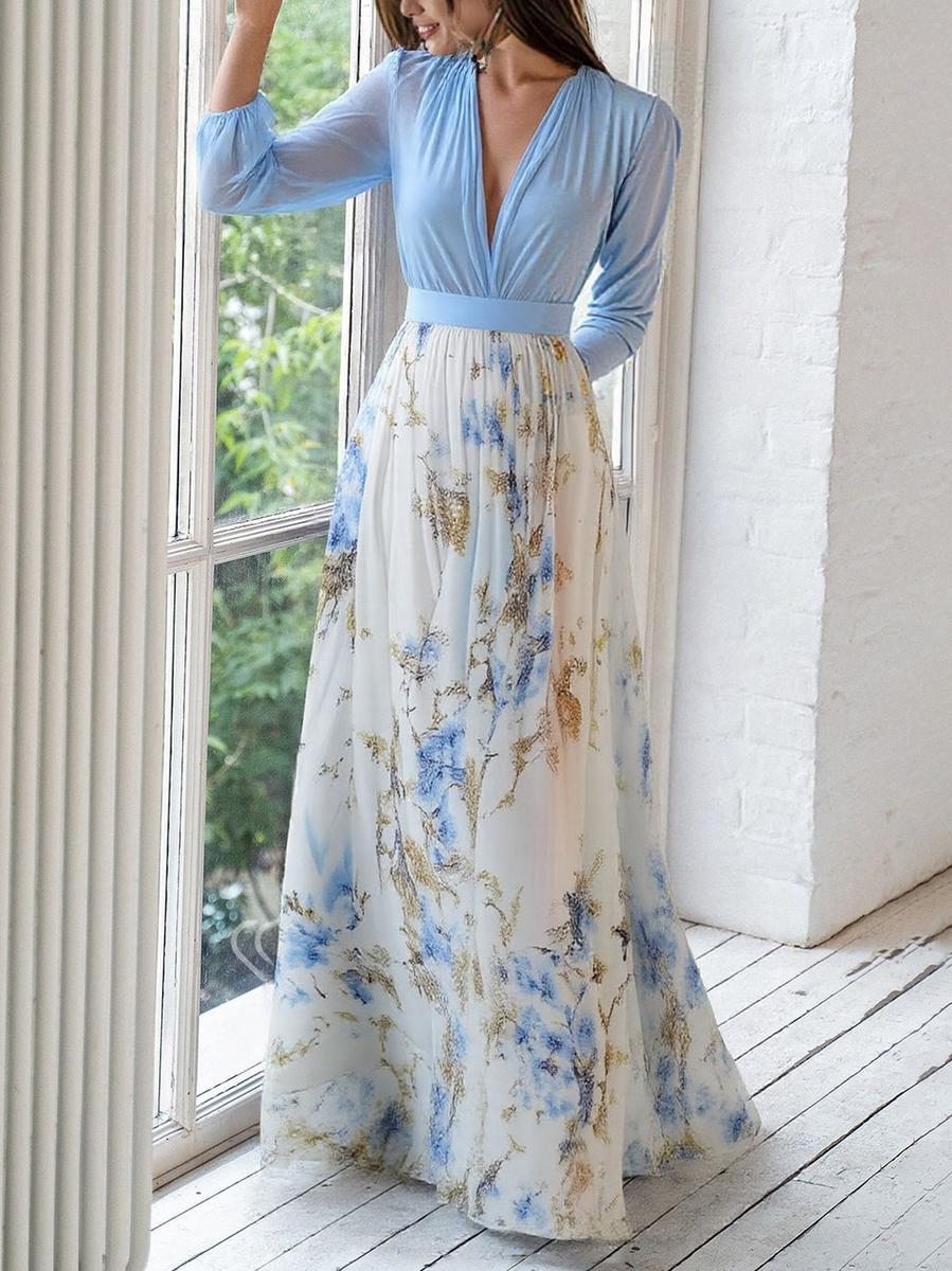 Elise | Women's Floral Maxi Dress Light Blue Long Sleeve