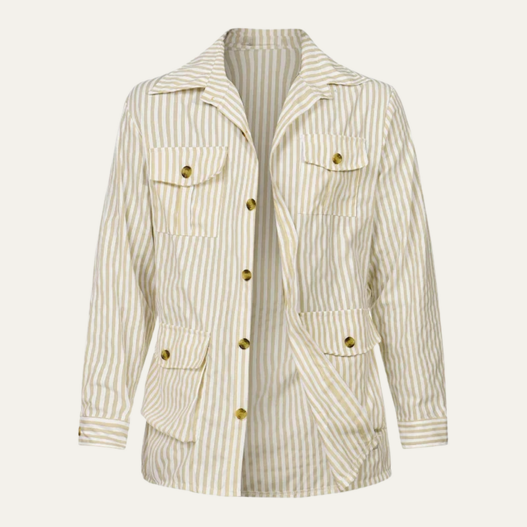 Dama Washington Kai men's casual striped linen shirt cream long sleeve - front view