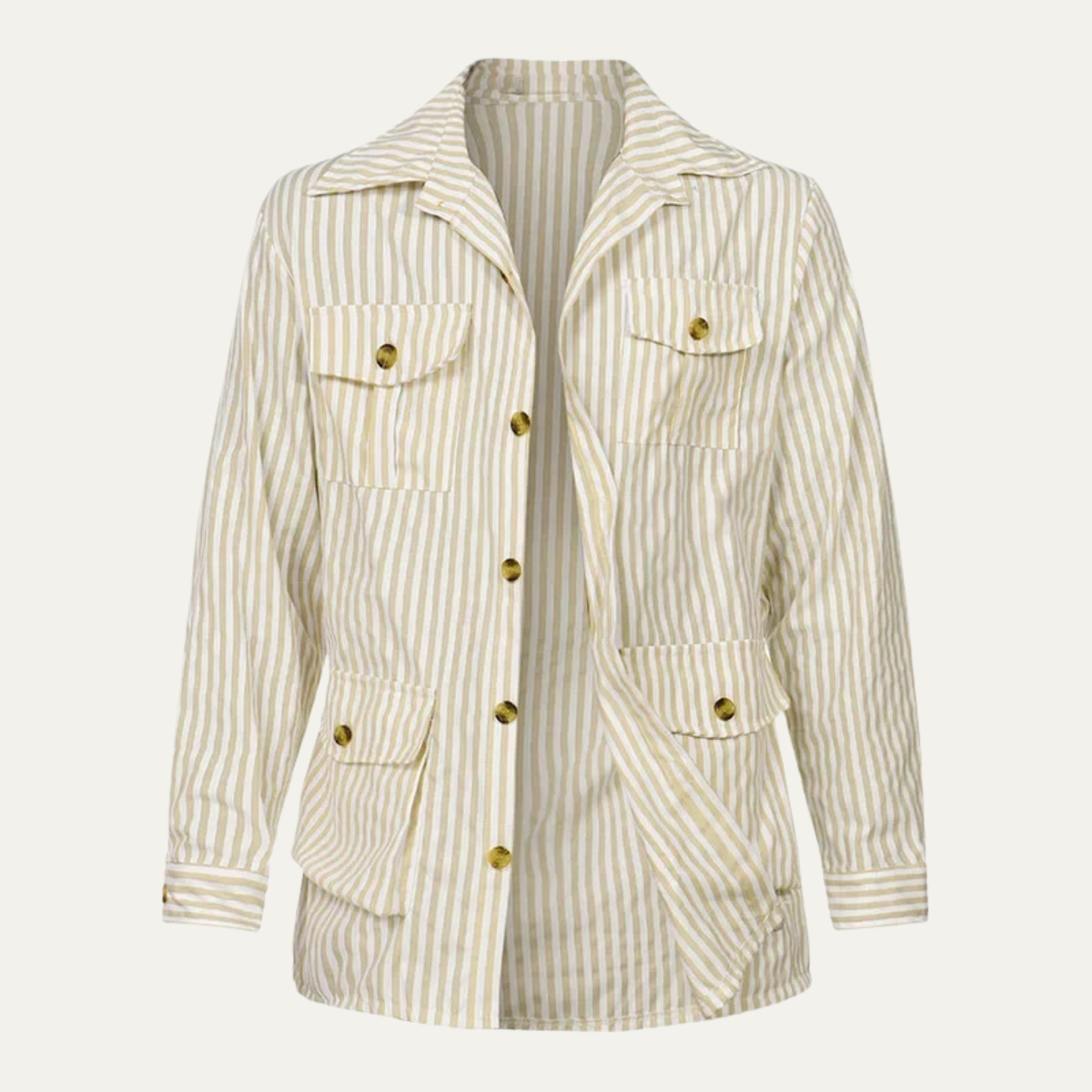 Kai | Men's Casual Striped Linen Shirt Cream Long Sleeve