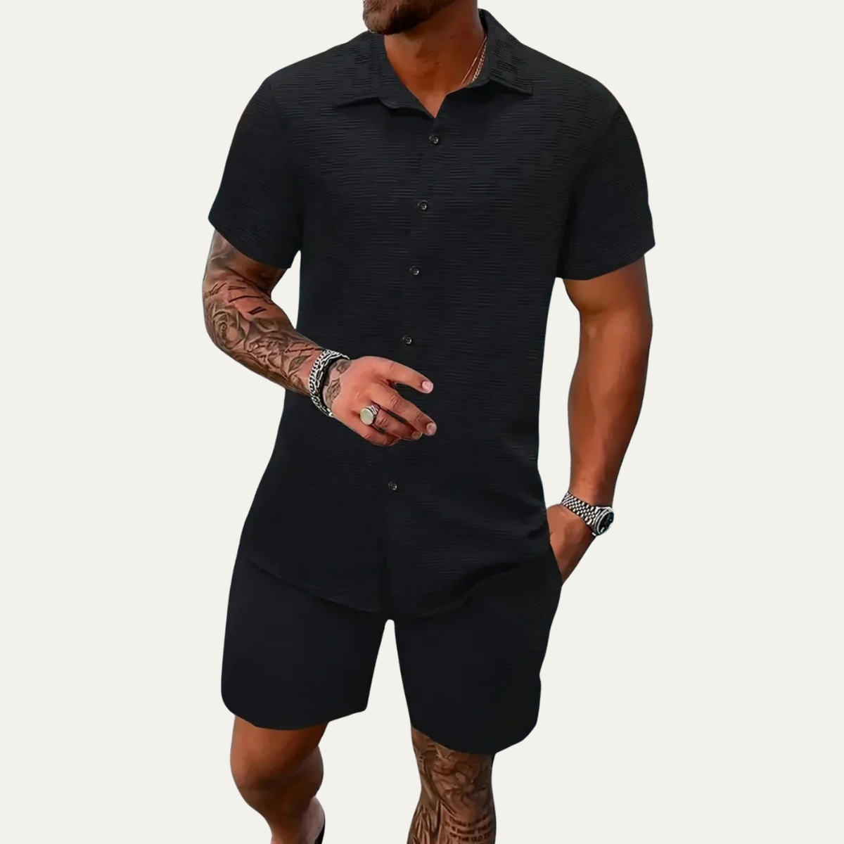 Bram | Men's Sweatsuit White Textured Button Up Short Sleeve