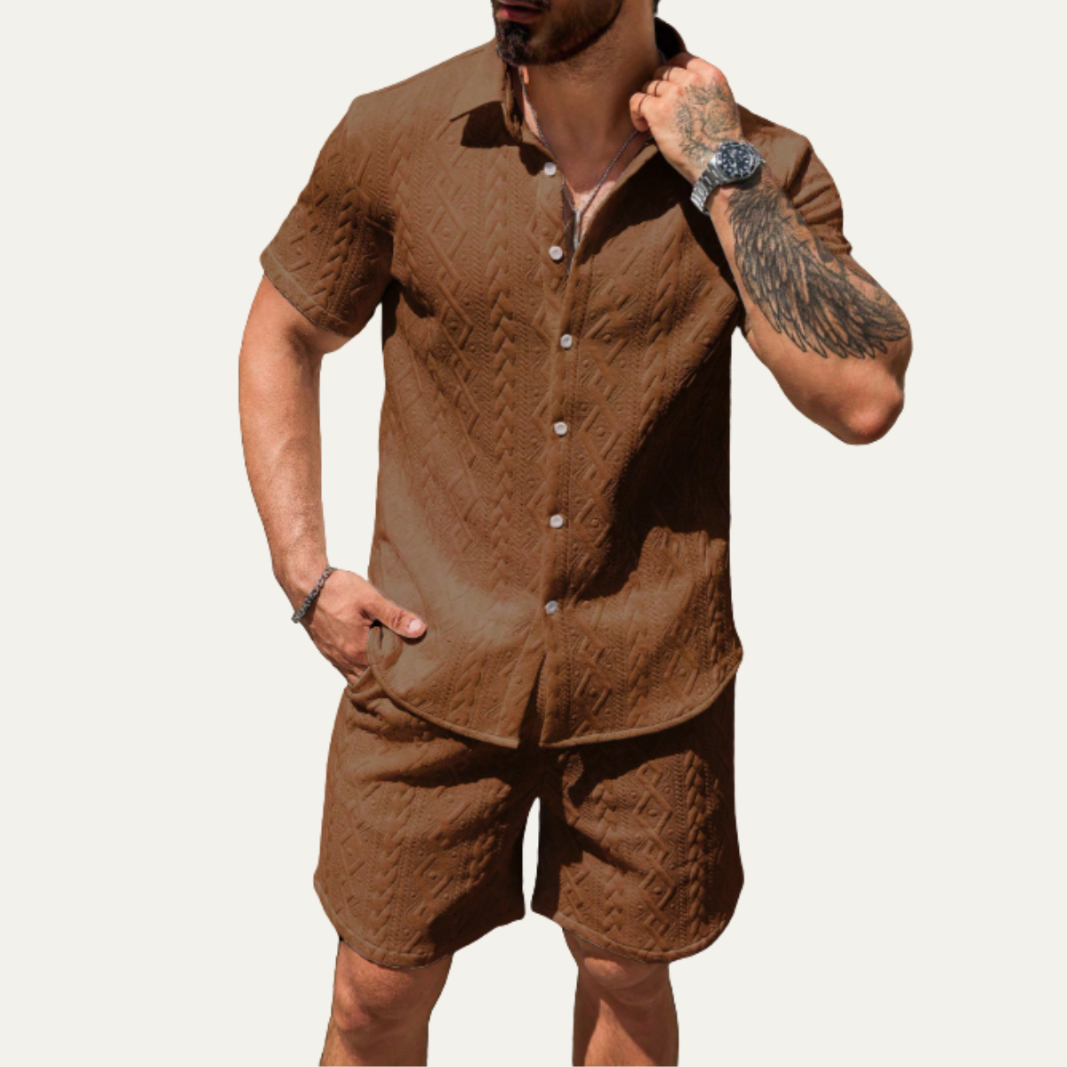 Ives | Men's Cable Knit Button Up Shirt Brown Short Sleeve