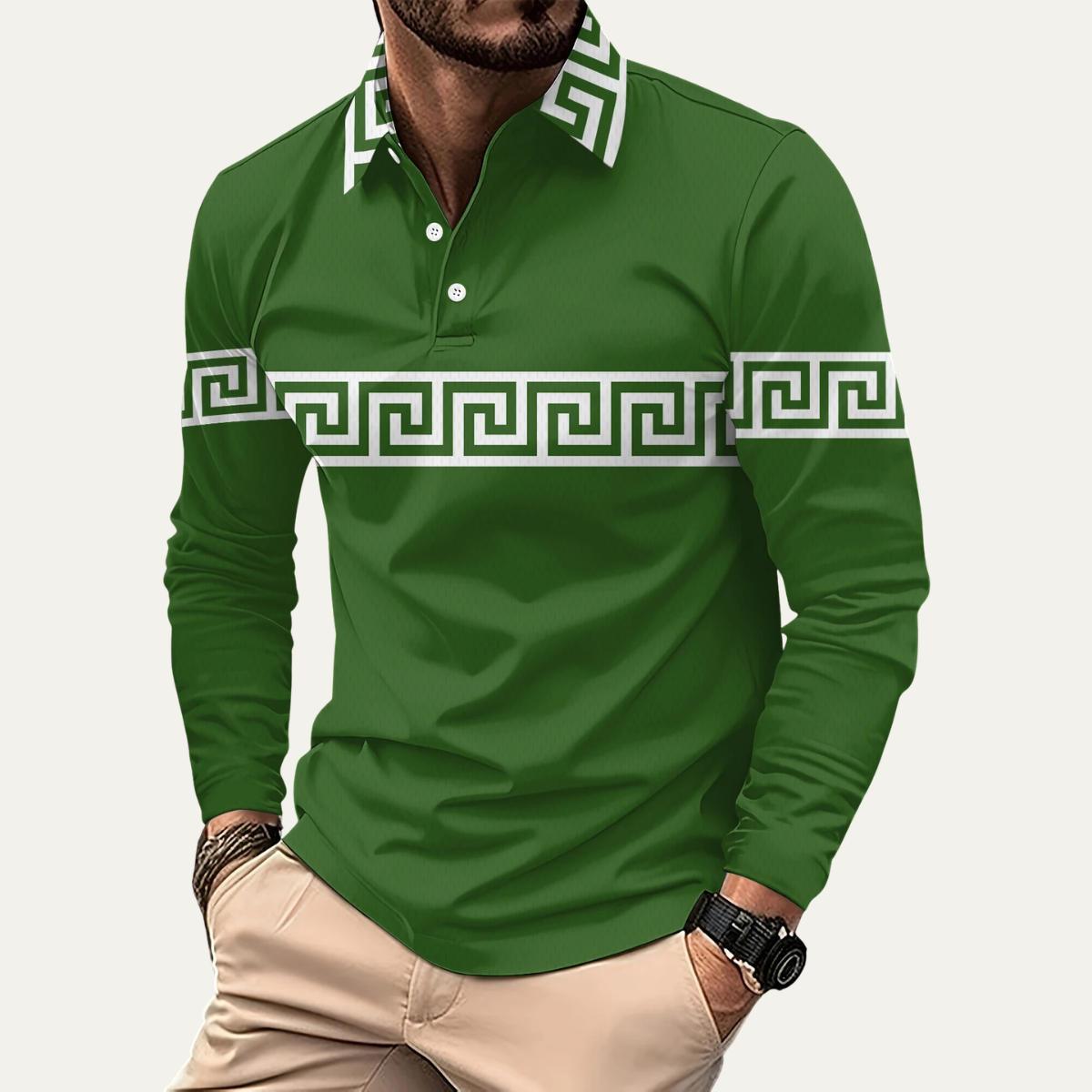 Kai | Men's Greek Key Polo Shirt White Long Sleeve