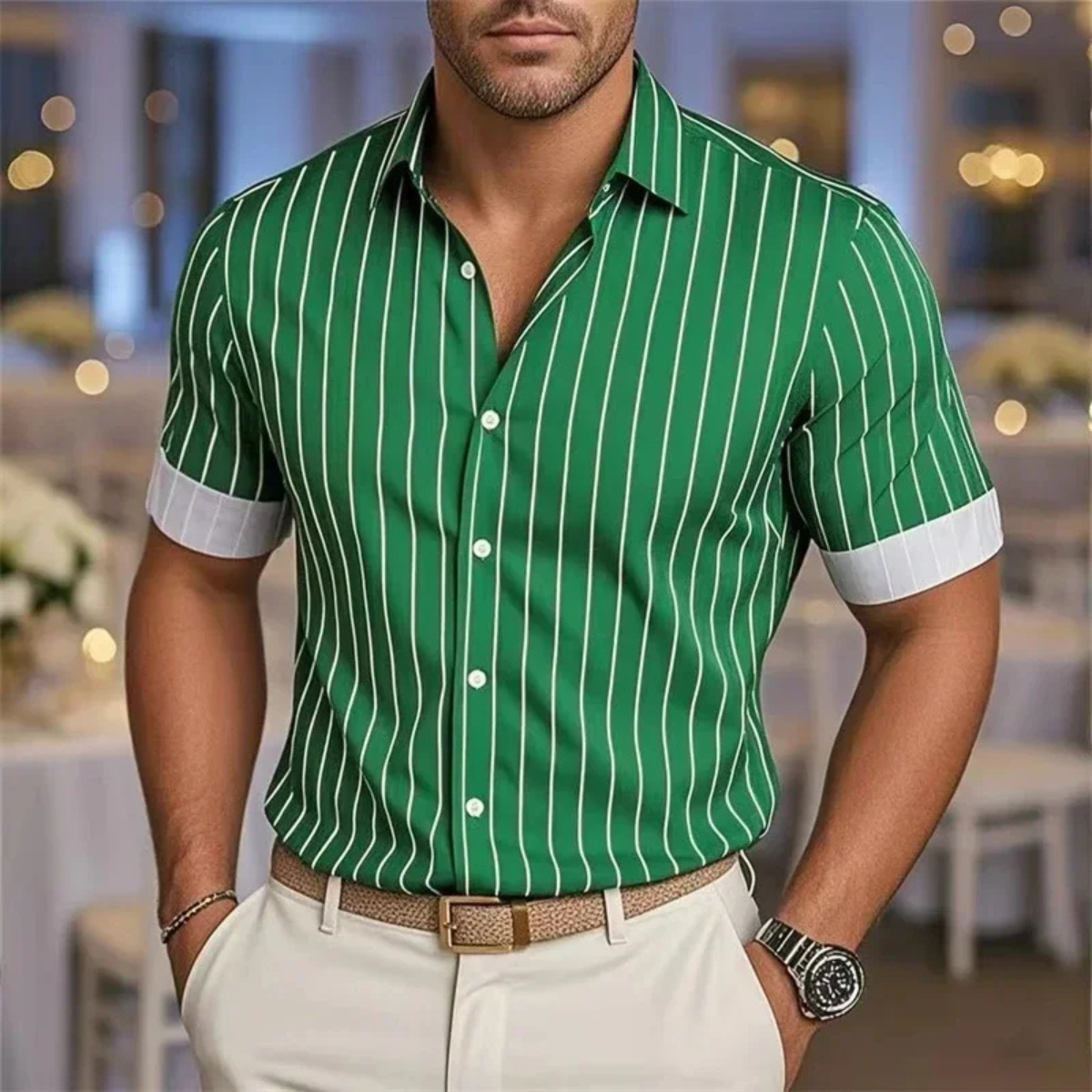Kai | Men's Pinstripe Short Sleeve Button Up Shirt Gray