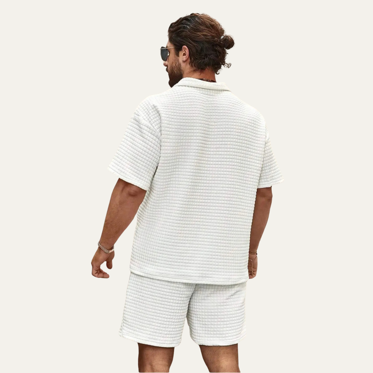 Blake | Men's Sweatsuit Waffle Knit Cream Polo Shorts Set