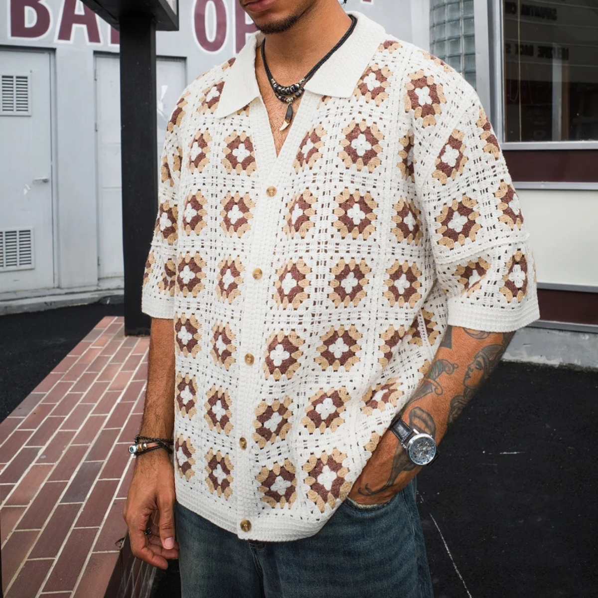 Axel | Men's Boho Crochet Cardigan Cream Brown Geometric Pattern
