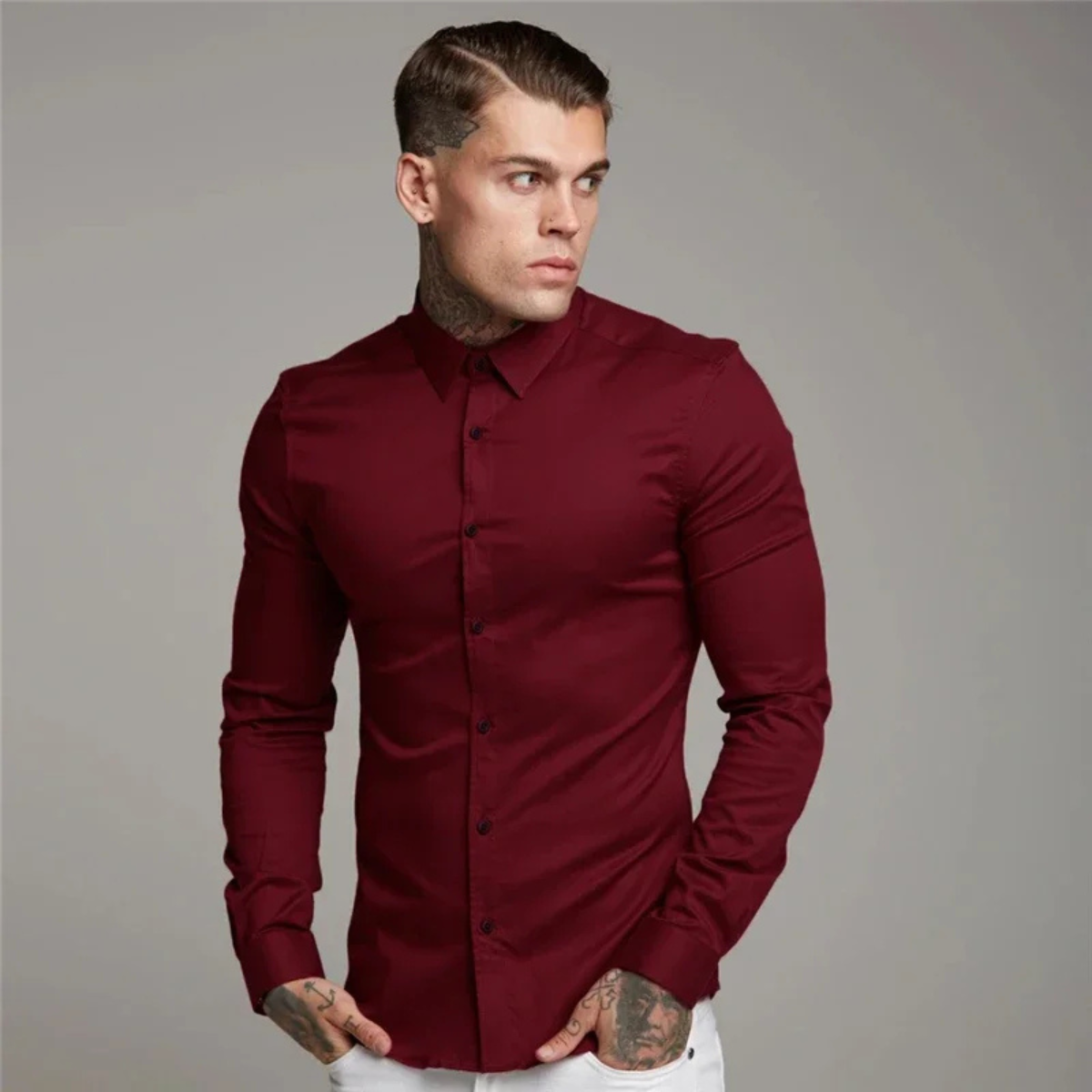 Rhys | Men's Slim Fit Button Up Shirt Burgundy Long Sleeve