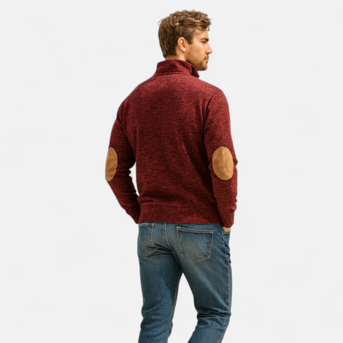 Bram | Men's Quarter Zip Sweater Burgundy Elbow Patch