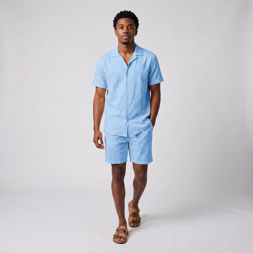 Dama Washington Kai linen shirt and shorts set Sky Blue - full outfit model view