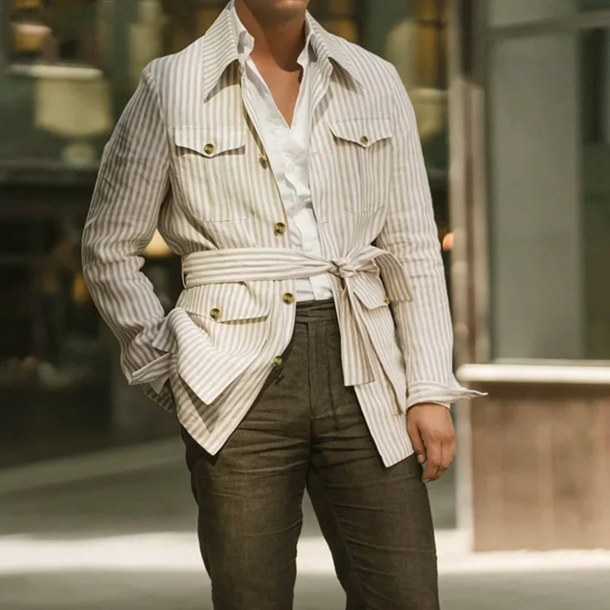 Kai | Men's Casual Striped Linen Shirt Cream Long Sleeve