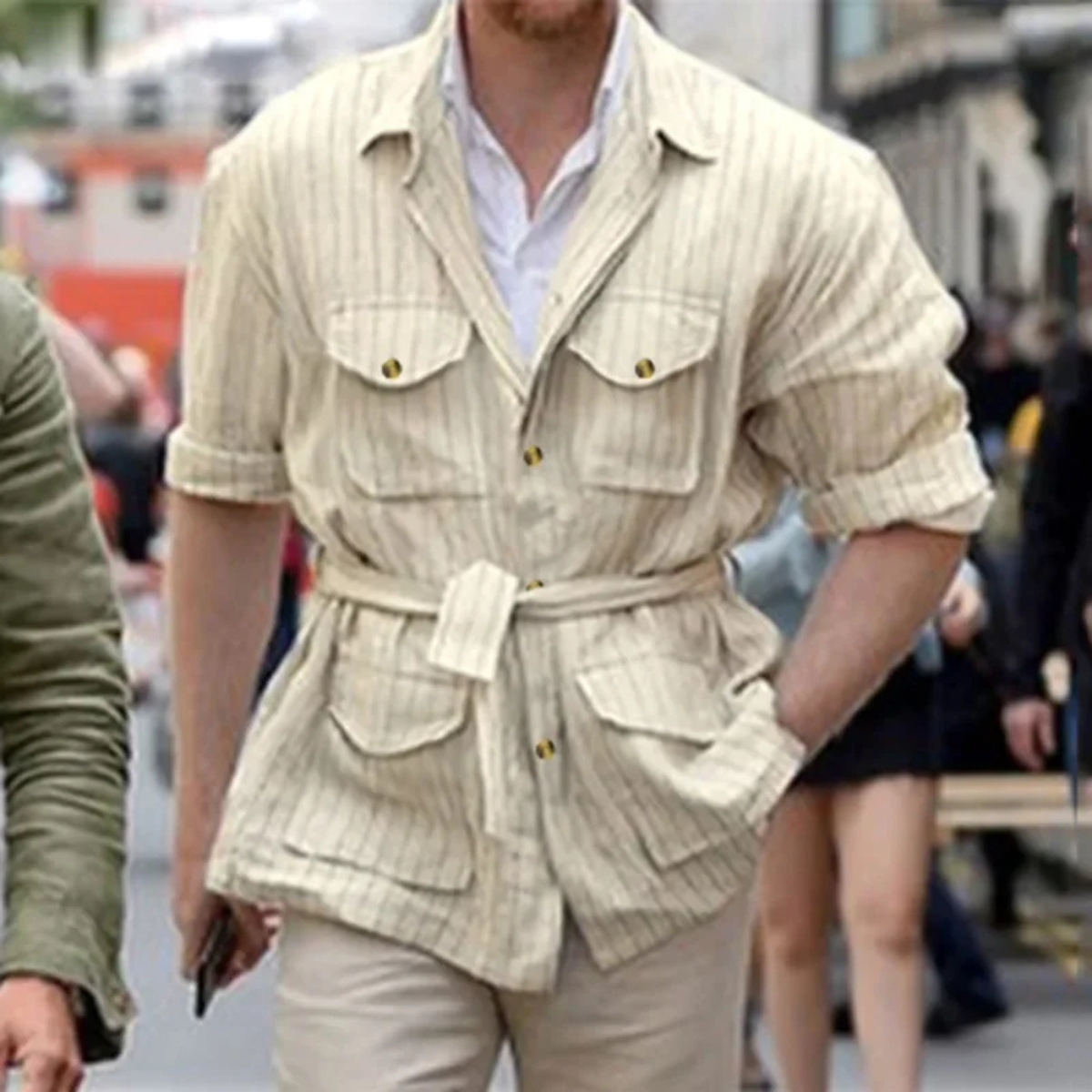 Kai | Men's Casual Striped Linen Shirt Cream Long Sleeve