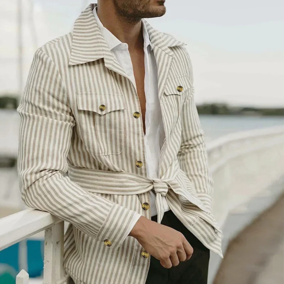 Kai | Men's Casual Striped Linen Shirt Cream Long Sleeve