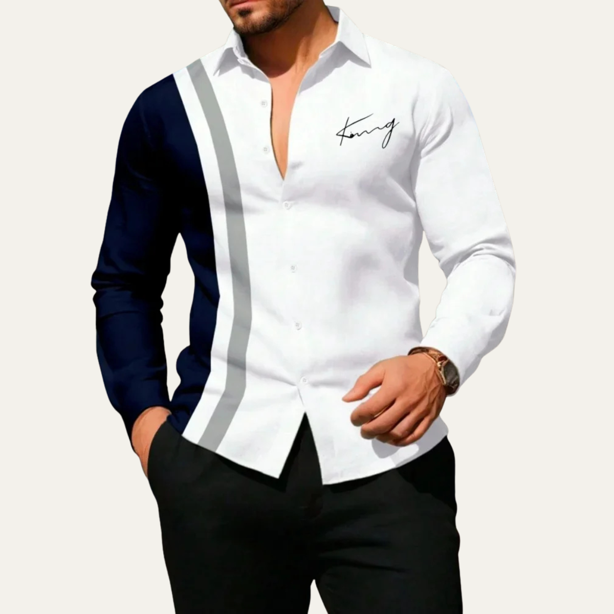 Axel | Men's Button Up Shirt White Navy Colorblock Stripe