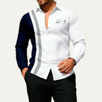 Dama Washington Axel men's button up shirt white navy colorblock stripe - front view