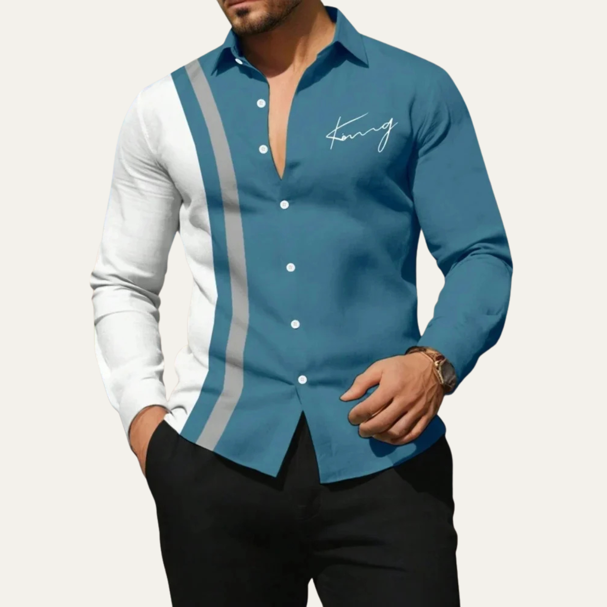 Axel | Men's Button Up Shirt White Navy Colorblock Stripe