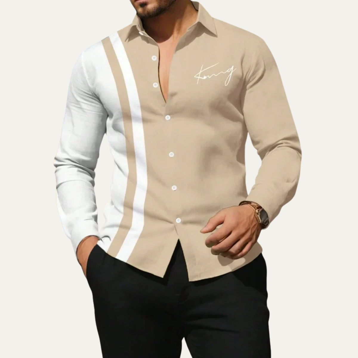 Axel | Men's Button Up Shirt White Navy Colorblock Stripe
