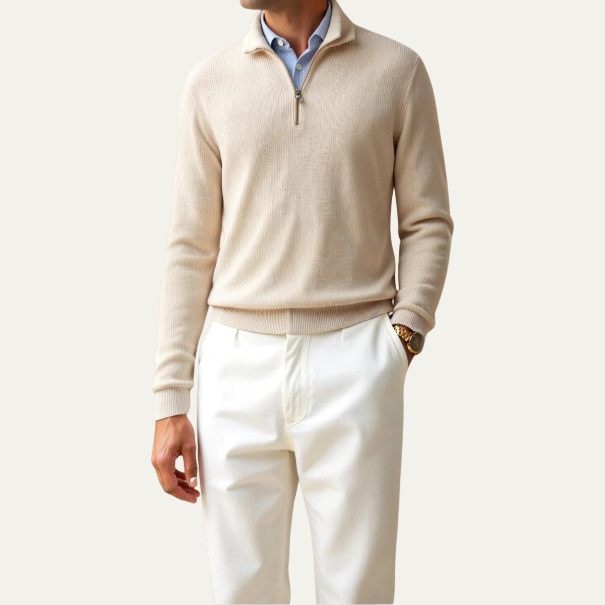 Bram | Men's Quarter Zip Sweater Cream Collared Long Sleeve