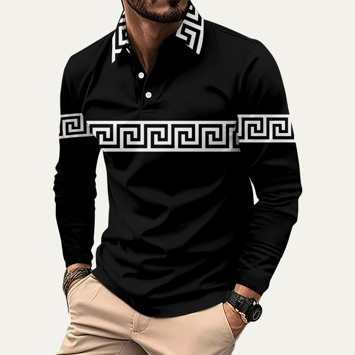 Kai | Men's Greek Key Polo Shirt White Long Sleeve