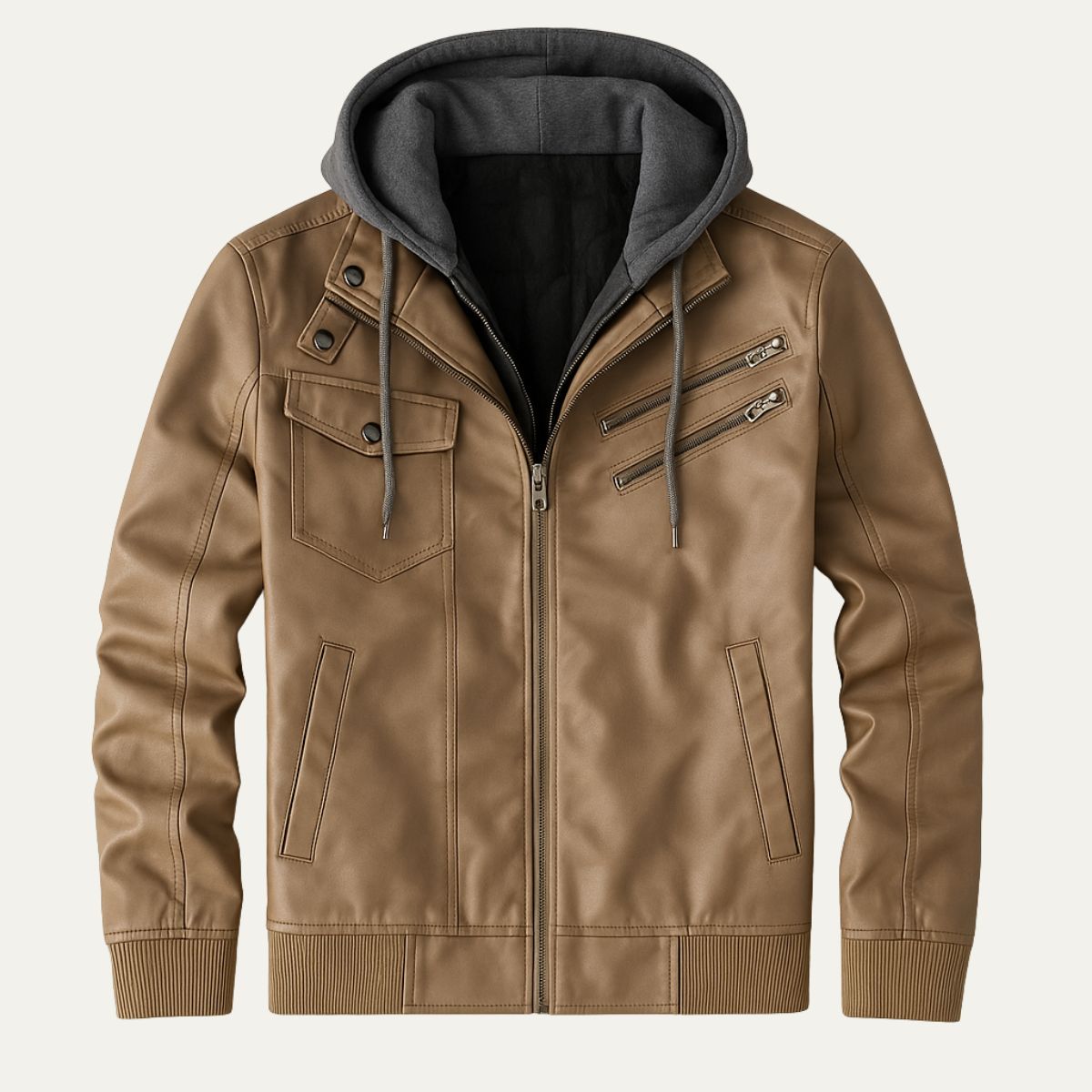 Axel | Men's Leather Bomber Jacket Brown Hooded Zip Up