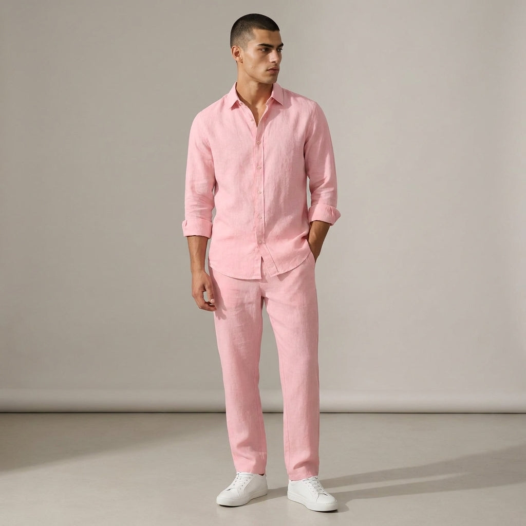 Dama Washington Axel linen two-piece set Light Pink - full outfit model view