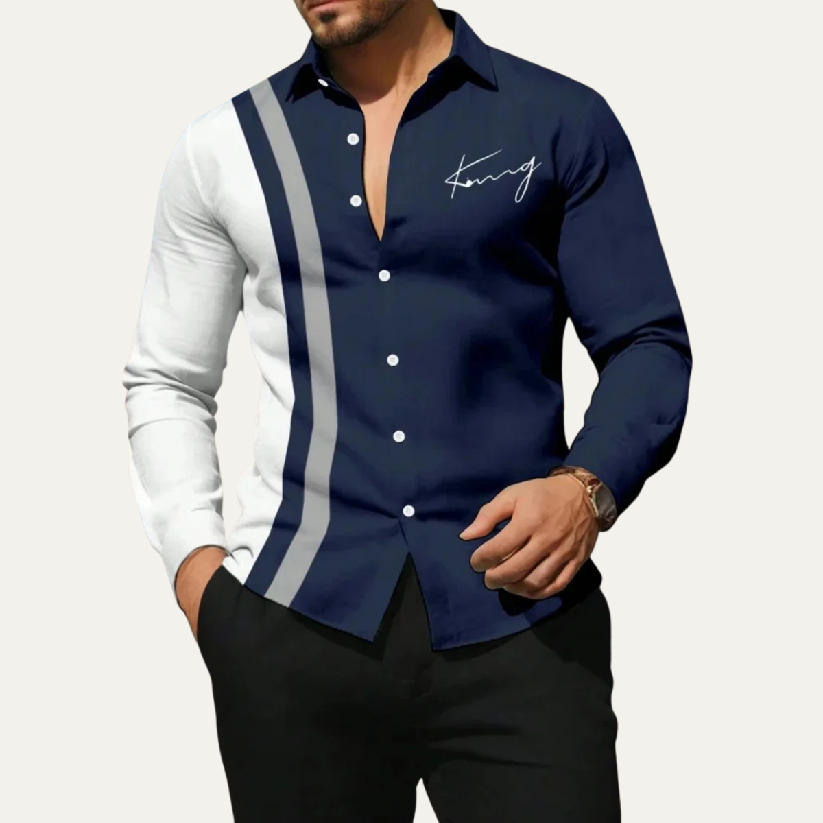 Kai | Men's Color Block Striped Button Up Shirt Gray Black